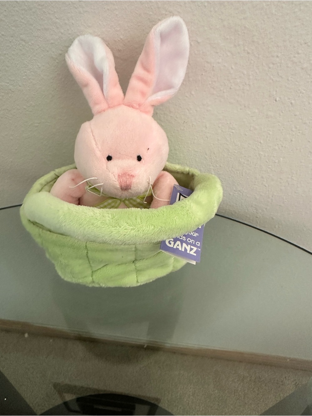 GANZ Pastel Pink Bunny in Light Green Plush Basket